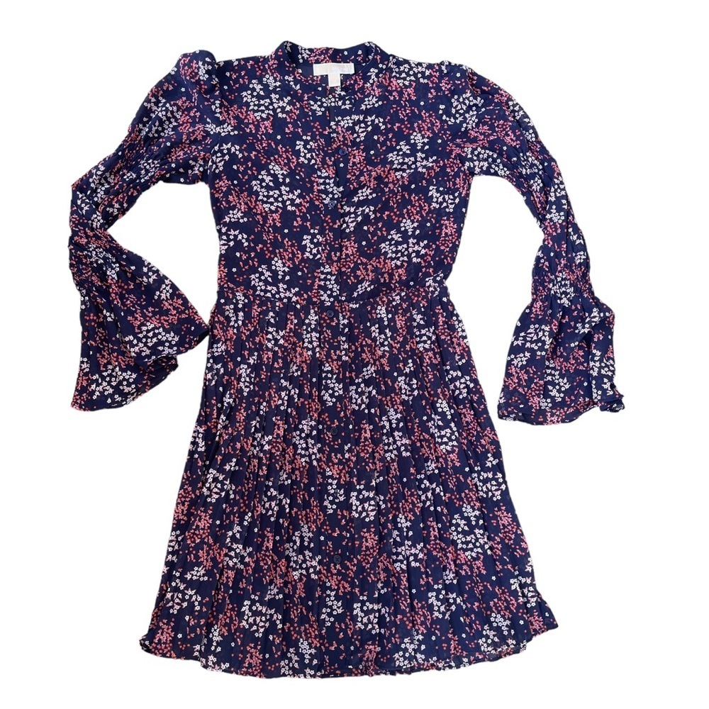 Michael Kors Navy Floral Button Front Bell Sleeve Dress XS Boho Chic